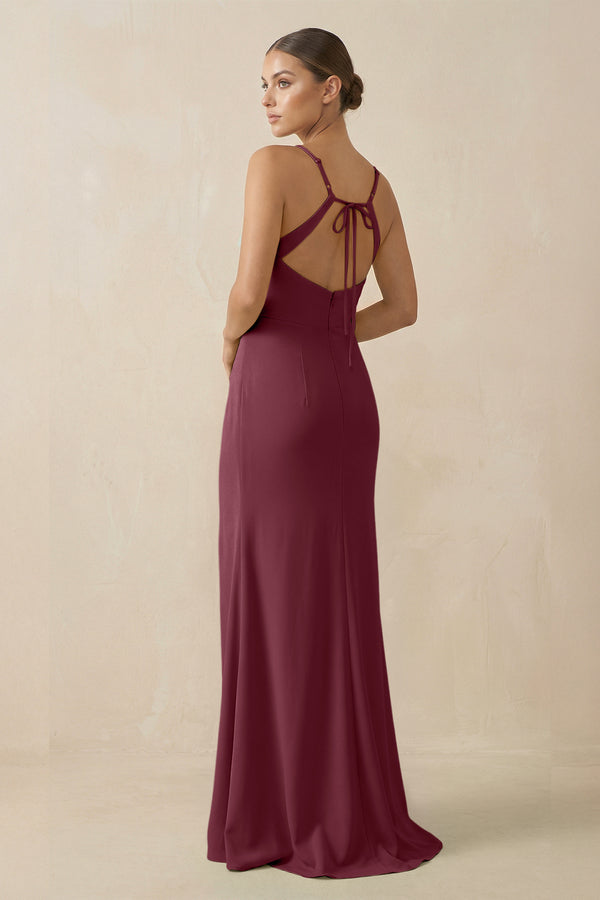 Sheath Spaghetti Straps Chiffon Long Bridesmaid Dress in Desert Rose (2) | KISSBRIDAL