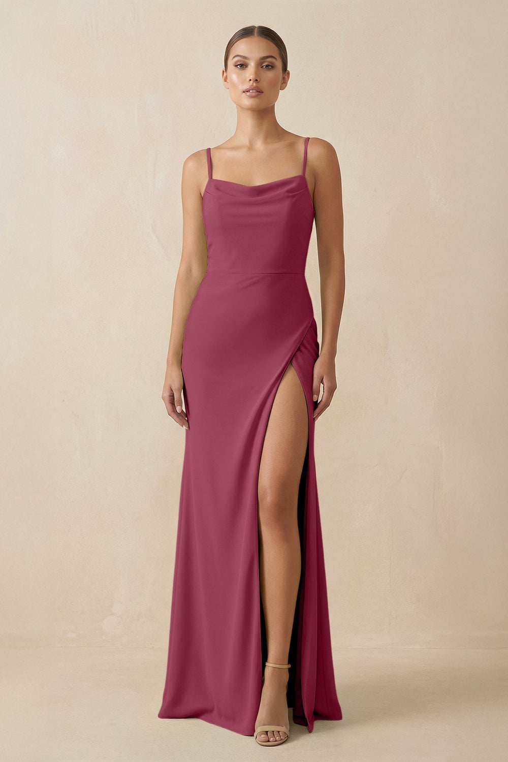 Sheath Spaghetti Straps Chiffon Long Bridesmaid Dress in Desert Rose - KISS BRIDAL Bridesmaid Dresses