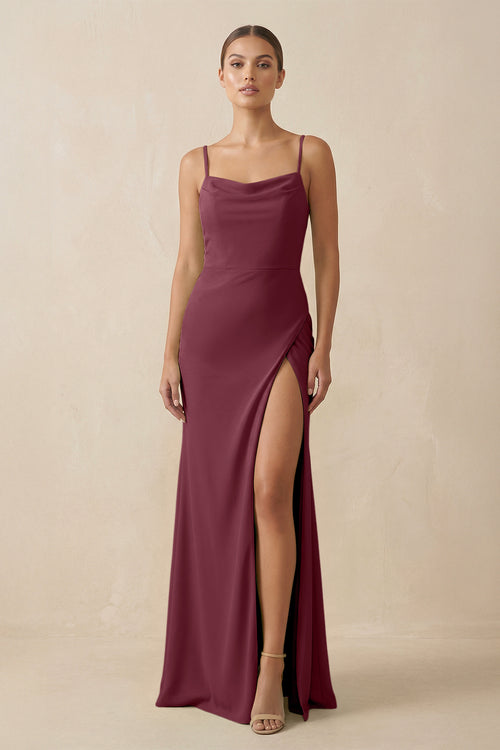 Sheath Spaghetti Straps Chiffon Long Bridesmaid Dress in Desert Rose | KISSBRIDAL