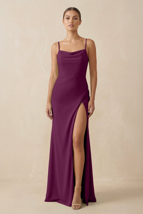 Sheath Spaghetti Straps Chiffon Long Bridesmaid Dress in Fig - KISS BRIDAL Bridesmaid Dresses