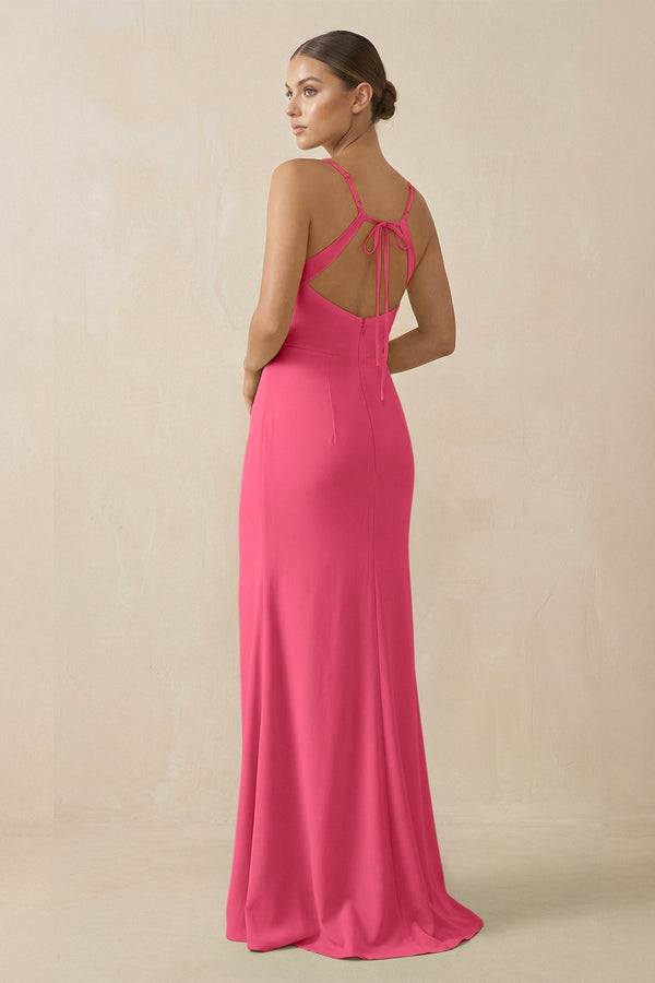 Sheath Spaghetti Straps Chiffon Long Bridesmaid Dress in Fuchsia - KISS BRIDAL Bridesmaid Dresses