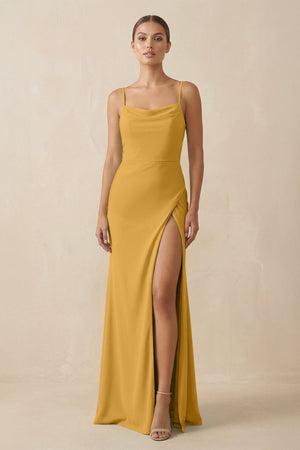 Sheath Spaghetti Straps Chiffon Long Bridesmaid Dress in Marigold - KISS BRIDAL Bridesmaid Dresses