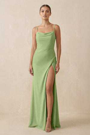 Sheath Spaghetti Straps Chiffon Long Bridesmaid Dress in Matcha - KISS BRIDAL Bridesmaid Dresses