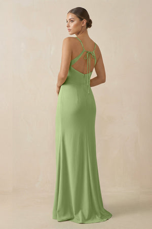 Sheath Spaghetti Straps Chiffon Long Bridesmaid Dress in Matcha - KISS BRIDAL Bridesmaid Dresses