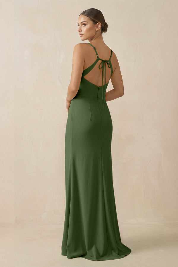 Sheath Spaghetti Straps Chiffon Long Bridesmaid Dress in Moss (2) | KISSBRIDAL