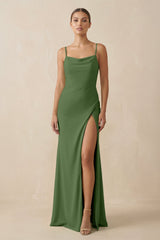 Sheath Spaghetti Straps Chiffon Long Bridesmaid Dress in Moss - KISS BRIDAL Bridesmaid Dresses