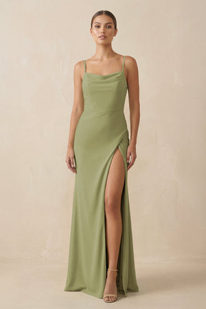 Sheath Spaghetti Straps Chiffon Long Bridesmaid Dress in Moss Green - KISS BRIDAL Bridesmaid Dresses