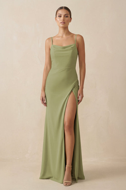 Sheath Spaghetti Straps Chiffon Long Bridesmaid Dress in Moss Green - KISS BRIDAL Bridesmaid Dresses