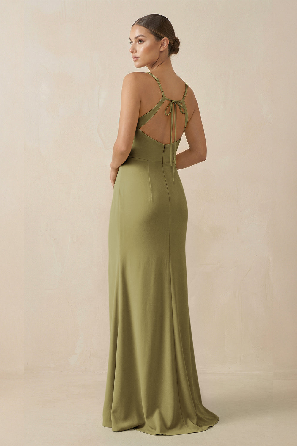 Sheath Spaghetti Straps Chiffon Long Bridesmaid Dress in Moss Green