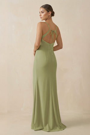 Sheath Spaghetti Straps Chiffon Long Bridesmaid Dress in Moss Green - KISS BRIDAL Bridesmaid Dresses