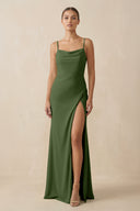 Sheath Spaghetti Straps Chiffon Long Bridesmaid Dress in Moss | KISSBRIDAL