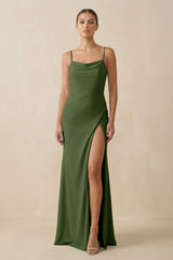Sheath Spaghetti Straps Chiffon Long Bridesmaid Dress in Moss | KISSBRIDAL