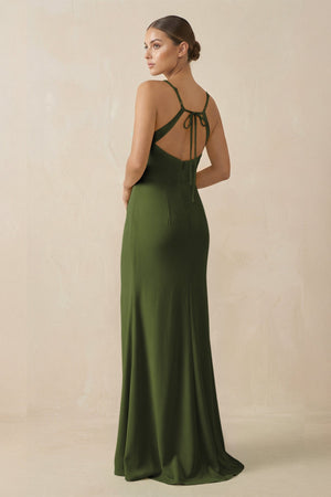 Sheath Spaghetti Straps Chiffon Long Bridesmaid Dress in Olive - KISS BRIDAL Bridesmaid Dresses