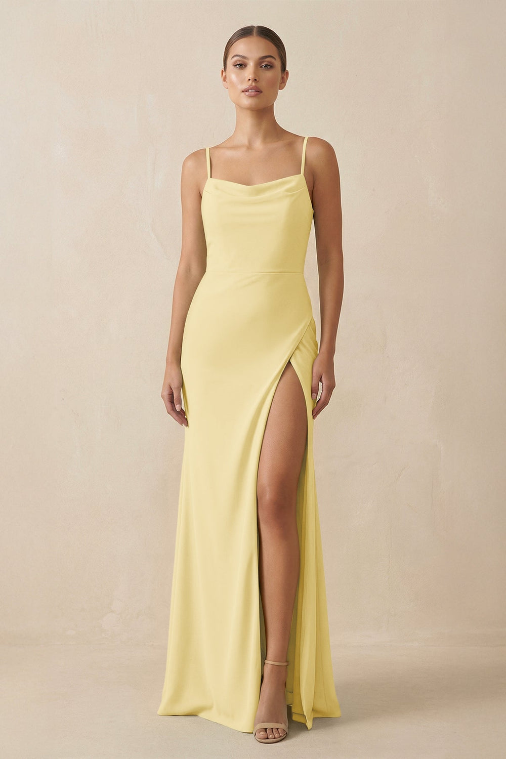 Sheath Spaghetti Straps Chiffon Long Bridesmaid Dress in Pastel Yellow - KISS BRIDAL Bridesmaid Dresses