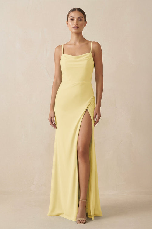 Sheath Spaghetti Straps Chiffon Long Bridesmaid Dress in Pastel Yellow - KISS BRIDAL Bridesmaid Dresses