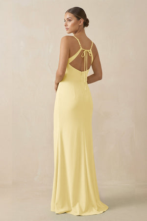 Sheath Spaghetti Straps Chiffon Long Bridesmaid Dress in Pastel Yellow - KISS BRIDAL Bridesmaid Dresses