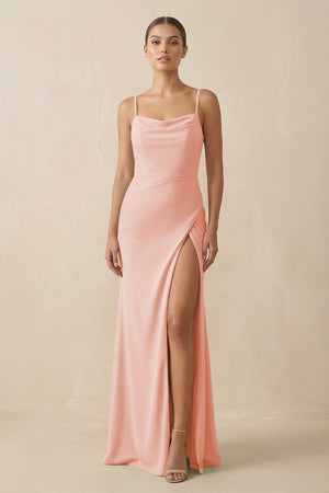 Sheath Spaghetti Straps Chiffon Long Bridesmaid Dress in Rose Petal - KISS BRIDAL Bridesmaid Dresses