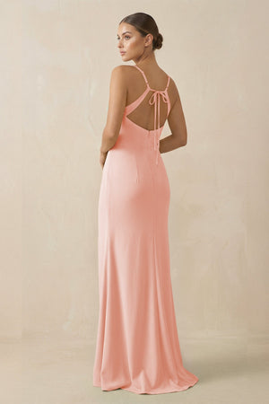 Sheath Spaghetti Straps Chiffon Long Bridesmaid Dress in Rose Petal - KISS BRIDAL Bridesmaid Dresses