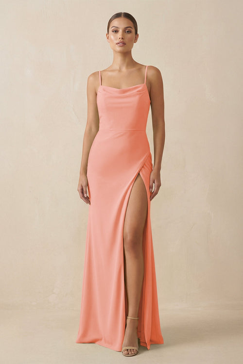 Sheath Spaghetti Straps Chiffon Long Bridesmaid Dress in Rosette - KISS BRIDAL Bridesmaid Dresses