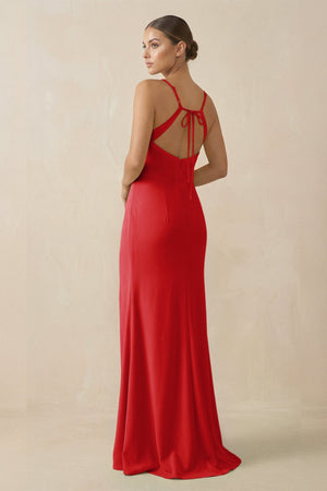 Sheath Spaghetti Straps Chiffon Long Bridesmaid Dress in Ruby Red - SHE IS ME Bridesmaid Dresses
