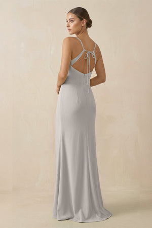 Sheath Spaghetti Straps Chiffon Long Bridesmaid Dress in Silver - KISS BRIDAL Bridesmaid Dresses