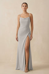 Sheath Spaghetti Straps Chiffon Long Bridesmaid Dress in Silver - KISS BRIDAL Bridesmaid Dresses