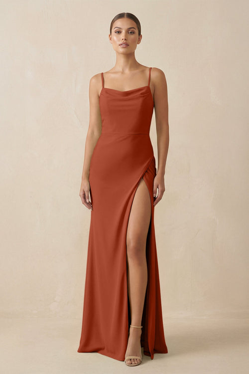Sheath Spaghetti Straps Chiffon Long Bridesmaid Dress in Spice