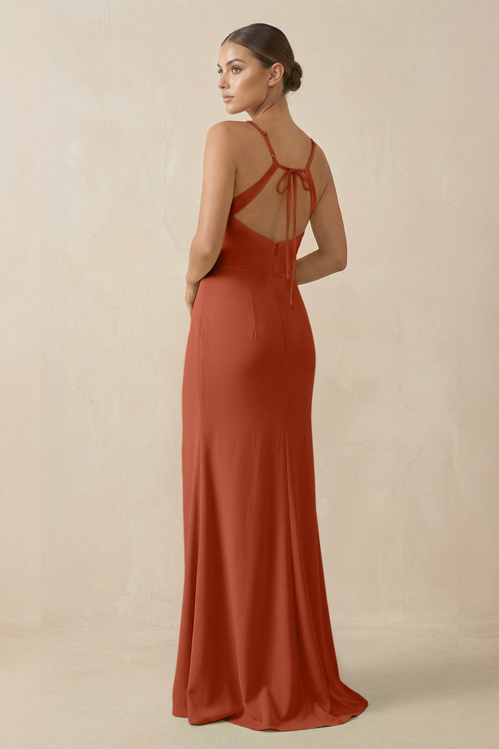 Sheath Spaghetti Straps Chiffon Long Bridesmaid Dress in Spice - KISS BRIDAL Bridesmaid Dresses