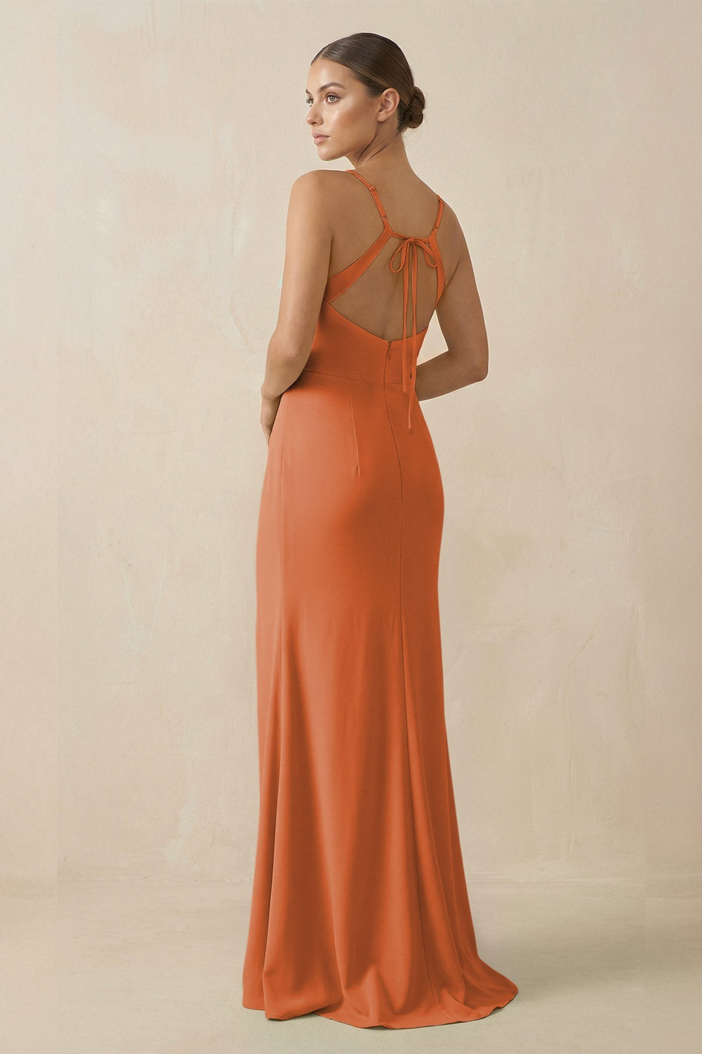 Sheath Spaghetti Straps Chiffon Long Bridesmaid Dress in Terracotta - KISS BRIDAL Bridesmaid Dresses