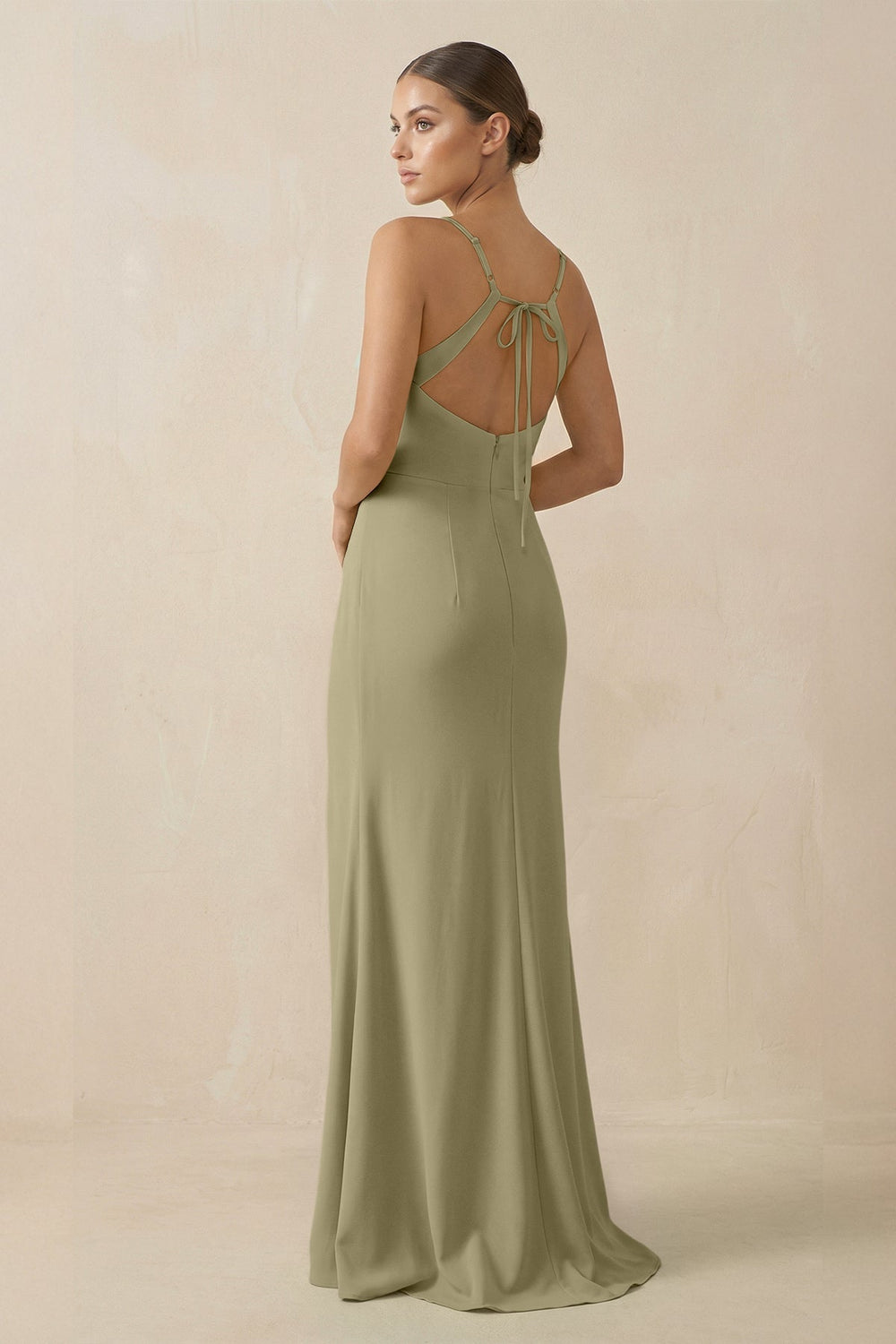 Sheath Spaghetti Straps Chiffon Long Bridesmaid Dress in Thyme - KISS BRIDAL Bridesmaid Dresses