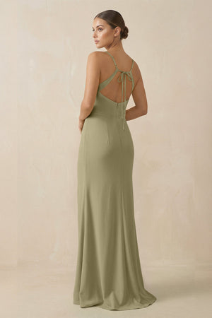 Sheath Spaghetti Straps Chiffon Long Bridesmaid Dress in Thyme - KISS BRIDAL Bridesmaid Dresses