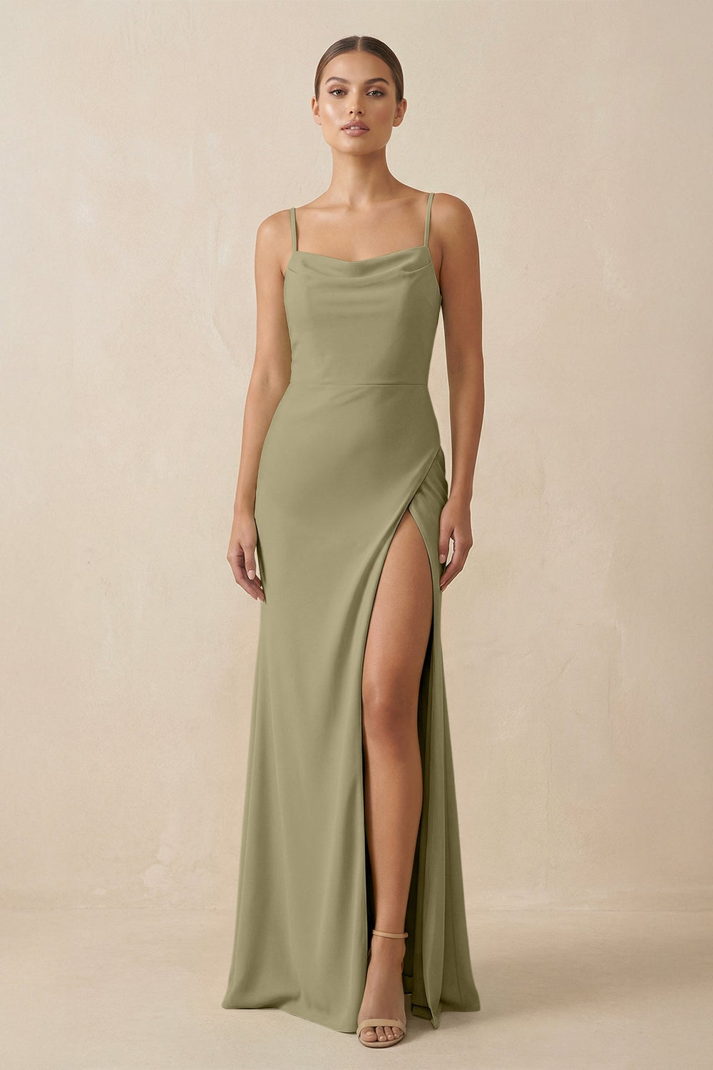 Sheath Spaghetti Straps Chiffon Long Bridesmaid Dress in Thyme - KISS BRIDAL Bridesmaid Dresses