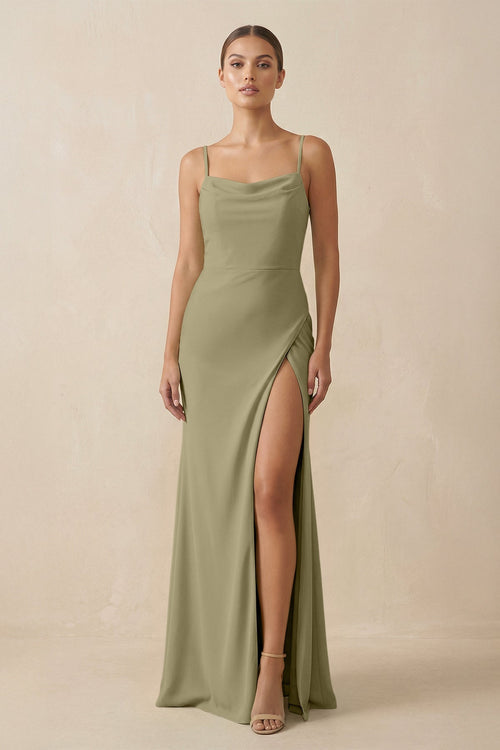 Sheath Spaghetti Straps Chiffon Long Bridesmaid Dress in Thyme - KISS BRIDAL Bridesmaid Dresses