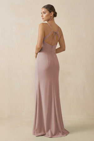 Sheath Spaghetti Straps Chiffon Long Bridesmaid Dress in Toffee (2) | KISSBRIDAL