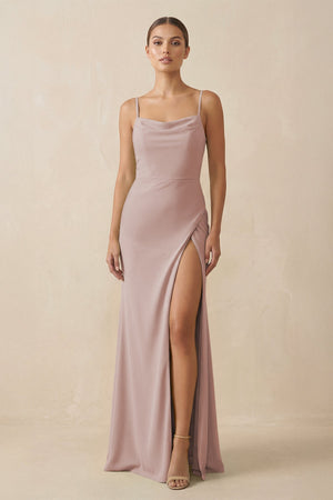 Sheath Spaghetti Straps Chiffon Long Bridesmaid Dress in Toffee - KISS BRIDAL Bridesmaid Dresses