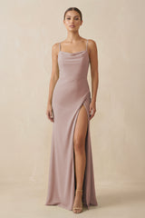 Sheath Spaghetti Straps Chiffon Long Bridesmaid Dress in Toffee | KISSBRIDAL