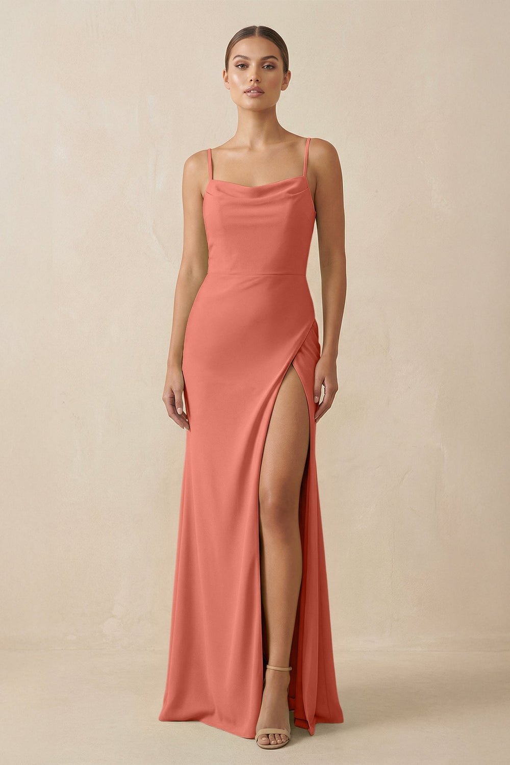 Sheath Spaghetti Straps Chiffon Long Bridesmaid Dress in Wild Rose - KISS BRIDAL Bridesmaid Dresses