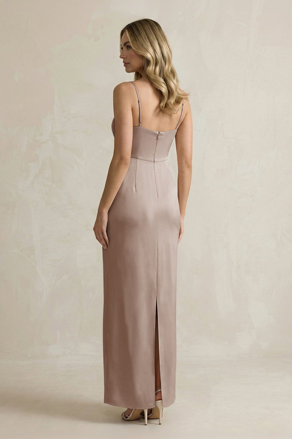 Sheath Spaghetti Straps Satin Bridesmaid Dress in Almond - KISS BRIDAL Bridesmaid Dresses