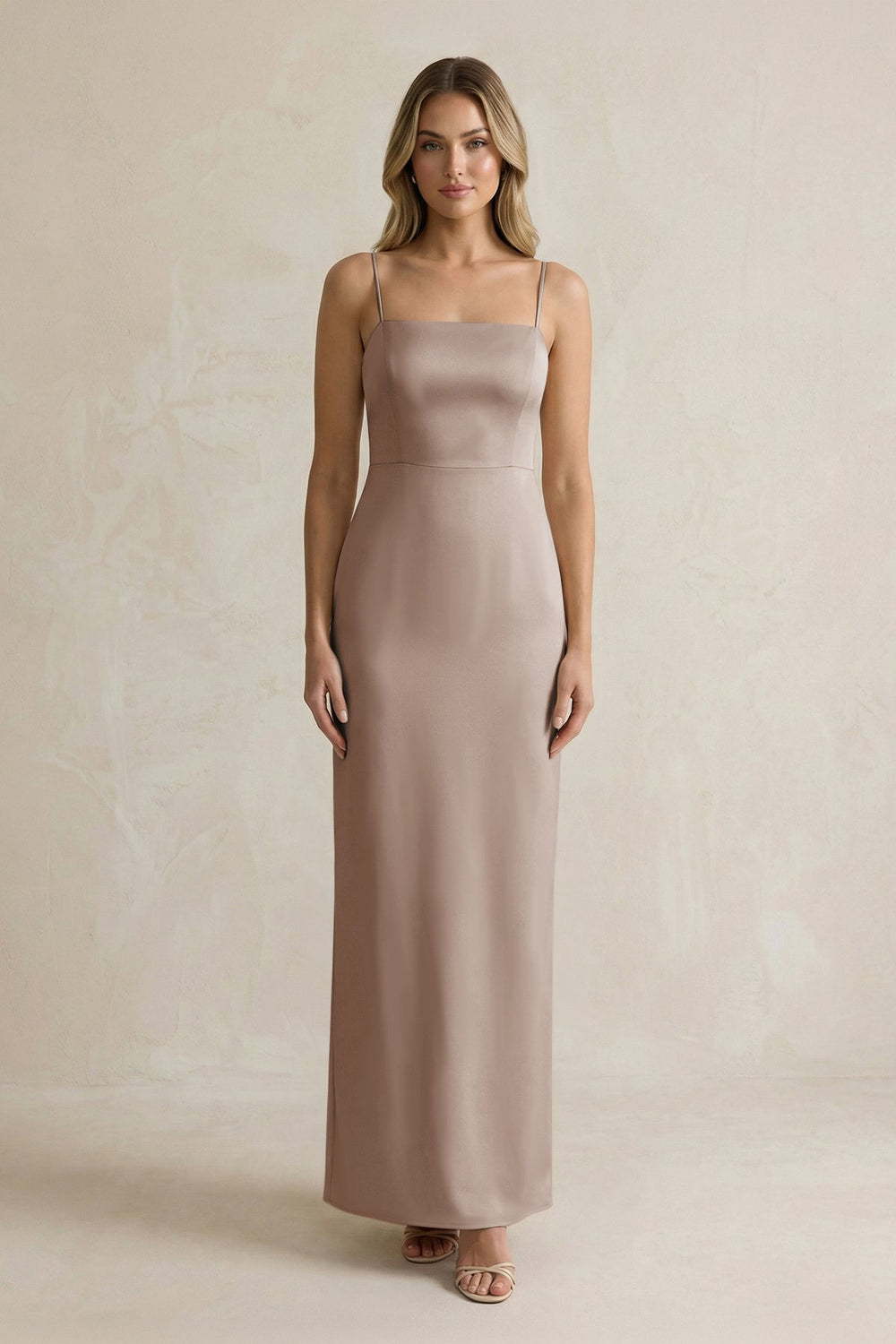Sheath Spaghetti Straps Satin Bridesmaid Dress in Almond - KISS BRIDAL Bridesmaid Dresses