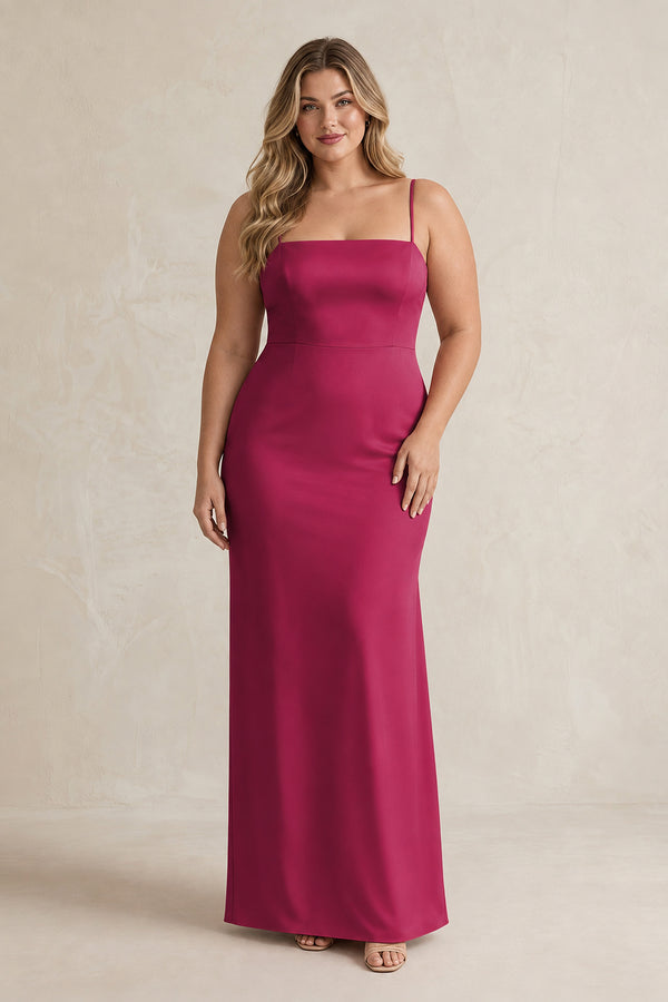 Sheath Spaghetti Straps Satin Bridesmaid Dress in Berry [sizeplus] | KISSBRIDAL