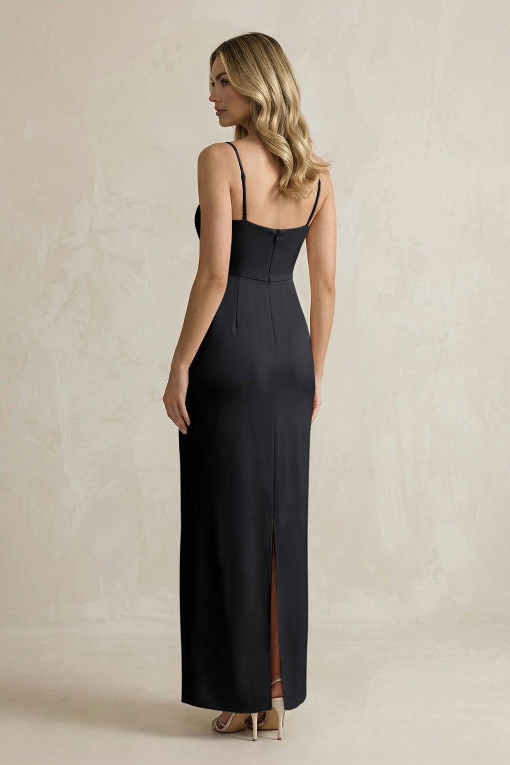 Sheath Spaghetti Straps Satin Bridesmaid Dress in Black - KISS BRIDAL Bridesmaid Dresses