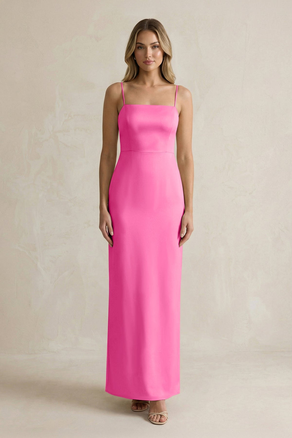 Sheath Spaghetti Straps Satin Bridesmaid Dress in Bon Bon Pink - KISS BRIDAL Bridesmaid Dresses