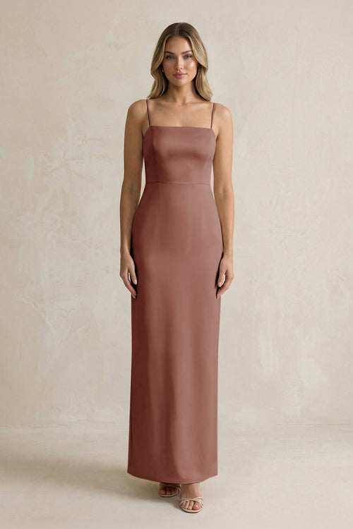 Sheath Spaghetti Straps Satin Bridesmaid Dress in Brown - KISS BRIDAL Bridesmaid Dresses
