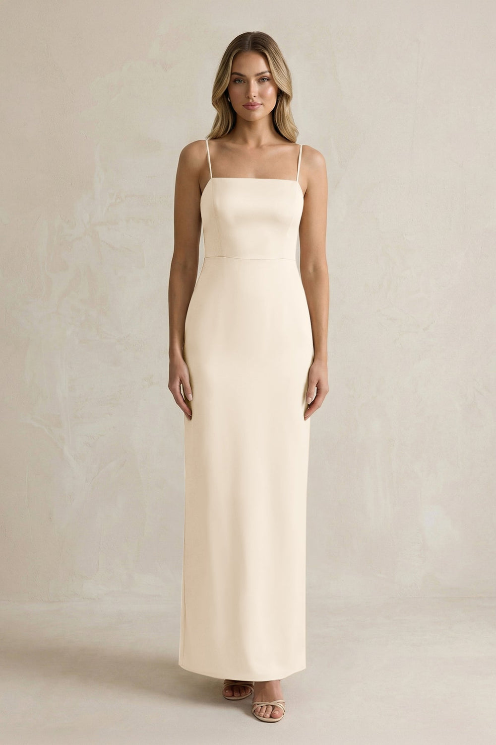 Sheath Spaghetti Straps Satin Bridesmaid Dress in Buttercream - KISS BRIDAL Bridesmaid Dresses