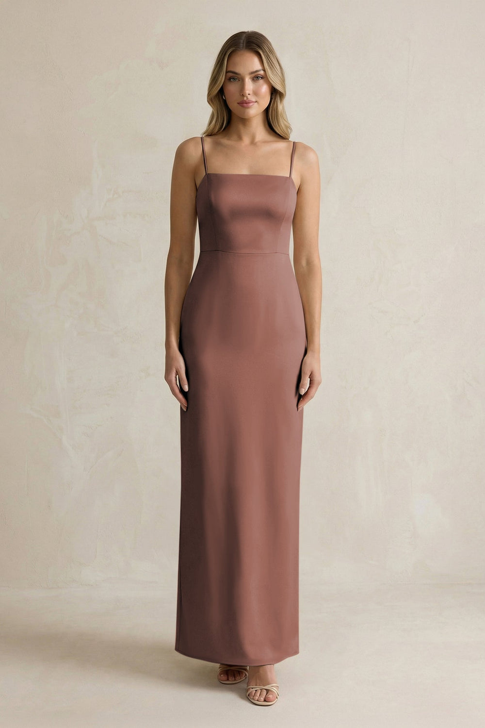 Sheath Spaghetti Straps Satin Bridesmaid Dress in Espresso - KISS BRIDAL Bridesmaid Dresses