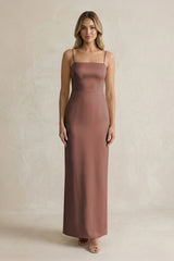 Sheath Spaghetti Straps Satin Bridesmaid Dress in Espresso - KISS BRIDAL Bridesmaid Dresses