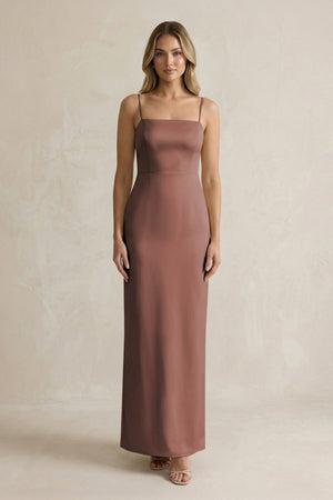 Sheath Spaghetti Straps Satin Bridesmaid Dress in Espresso - KISS BRIDAL Bridesmaid Dresses