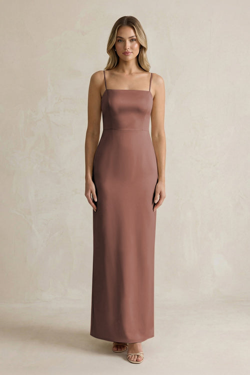 Sheath Spaghetti Straps Satin Bridesmaid Dress in Espresso - KISS BRIDAL Bridesmaid Dresses