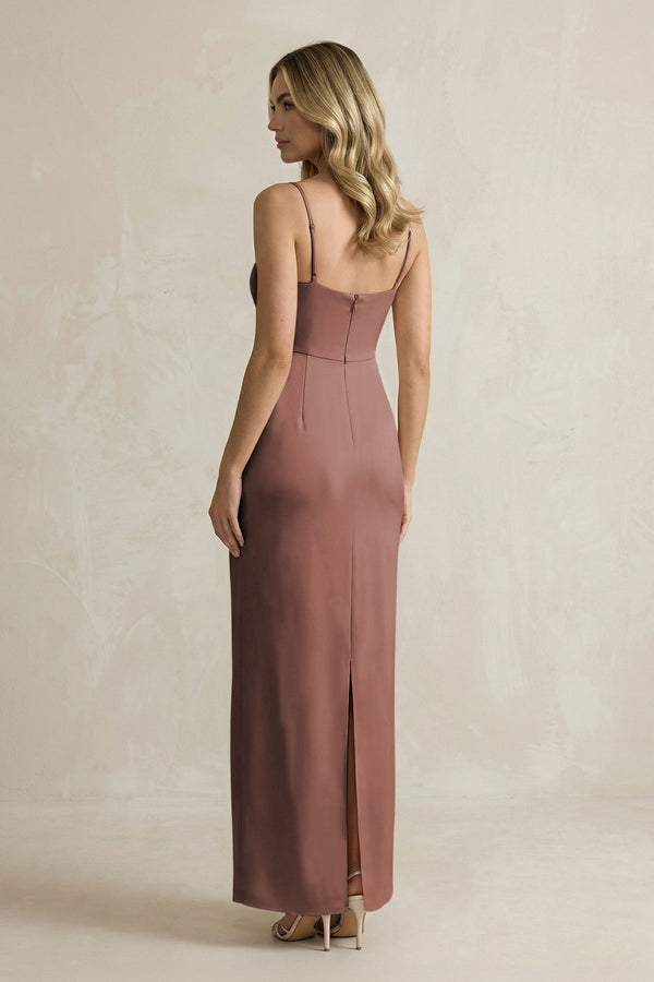 Sheath Spaghetti Straps Satin Bridesmaid Dress in Espresso - KISS BRIDAL Bridesmaid Dresses