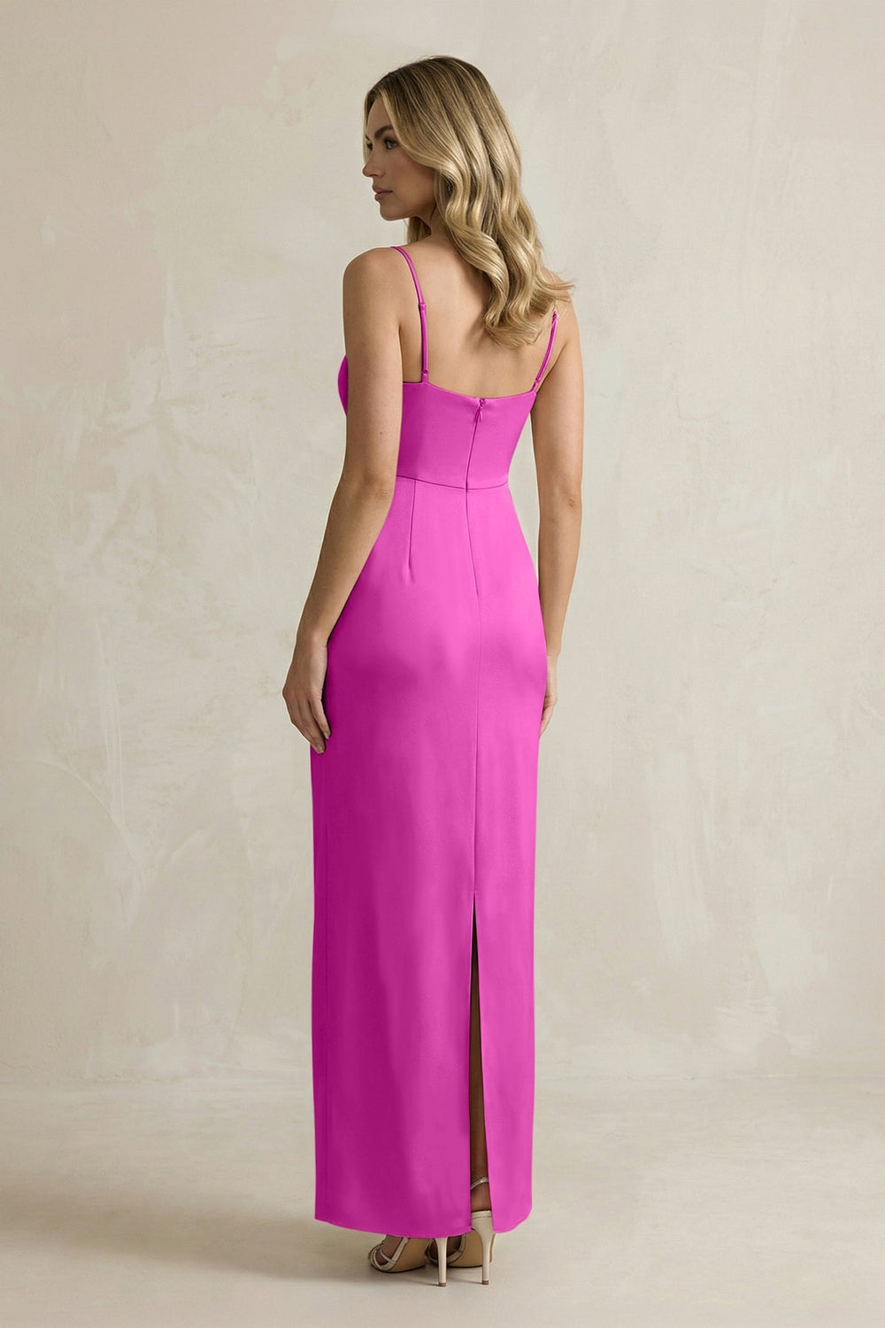Sheath Spaghetti Straps Satin Bridesmaid Dress in Fuchsia - KISS BRIDAL Bridesmaid Dresses